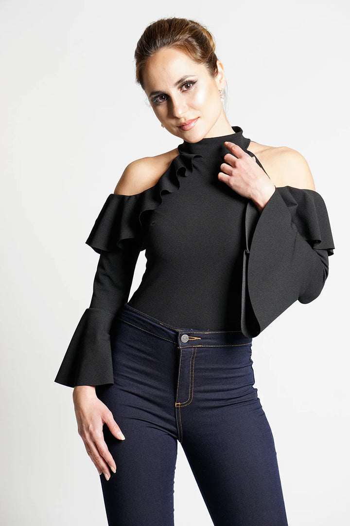 DARIA FRILL OVERLAY BODYSUIT-BLACK