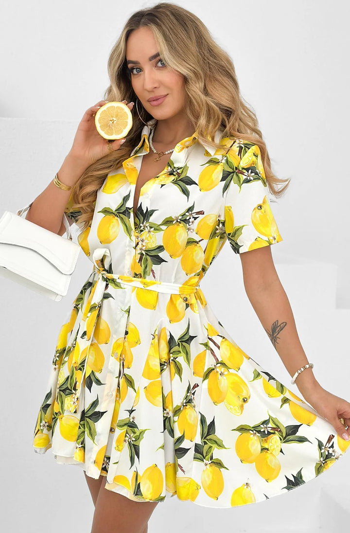 Dakota ‘Lemon’ Printed Belted Shirt Dress-Ivory