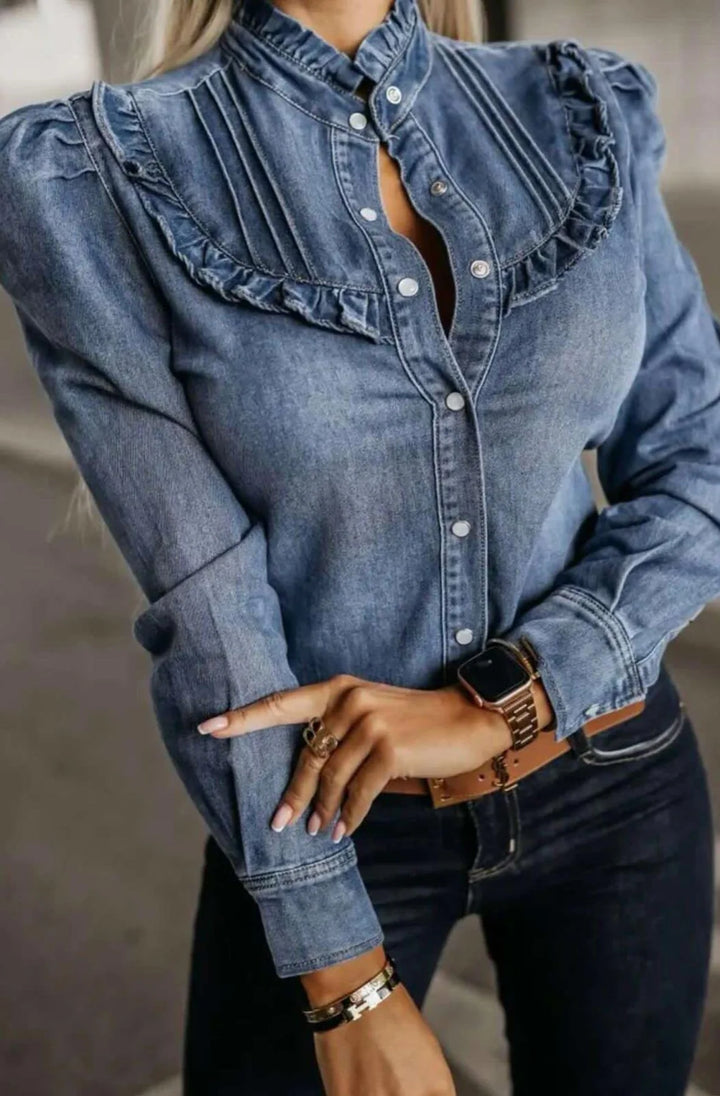 DARCIE DENIM COLLARED SHIRT BLOUSE-BLUE