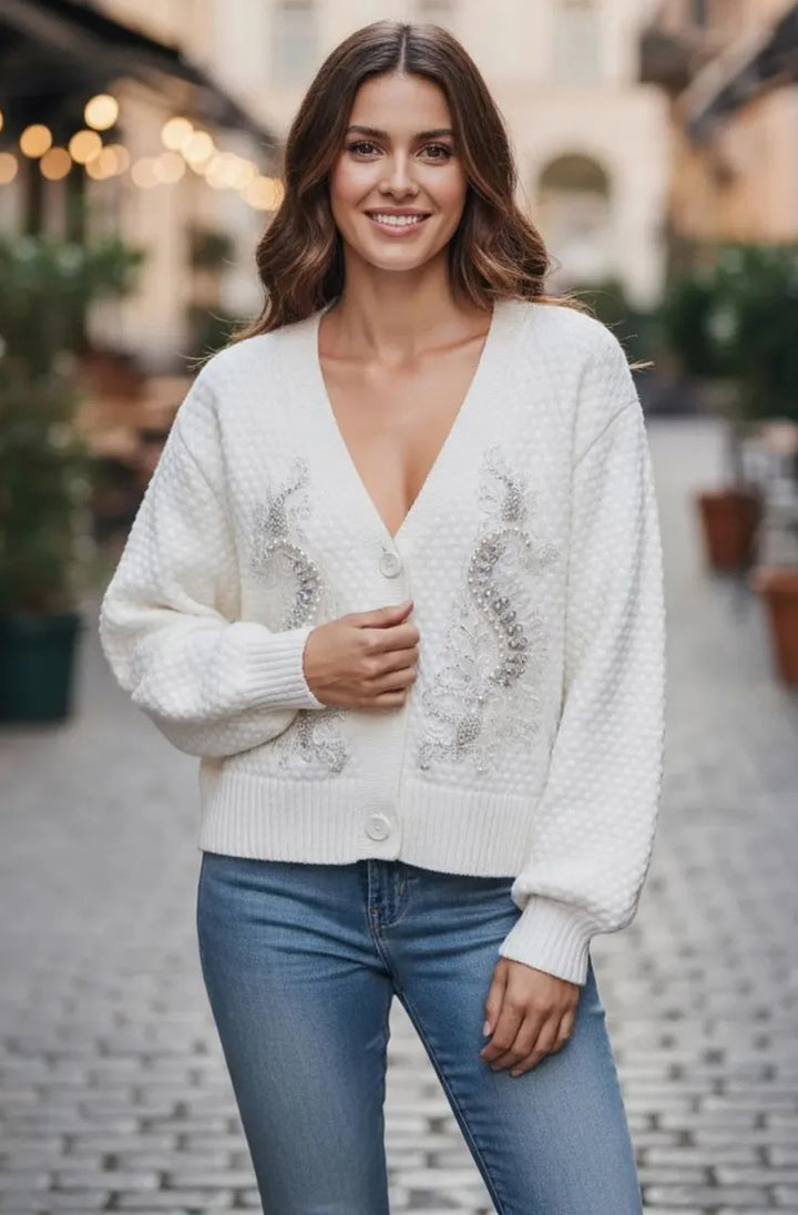 Dorothy Paisley Embellished Bubble Knit Cardigan-Ivory