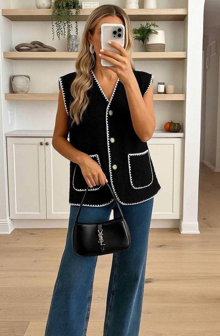 DOTTIE BOUCLE STYLE SLEEVELESS GILET VEST-BLACK