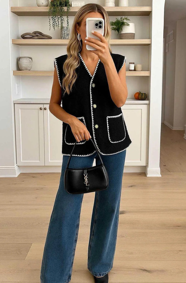 DOTTIE BOUCLE STYLE SLEEVELESS GILET VEST-BLACK