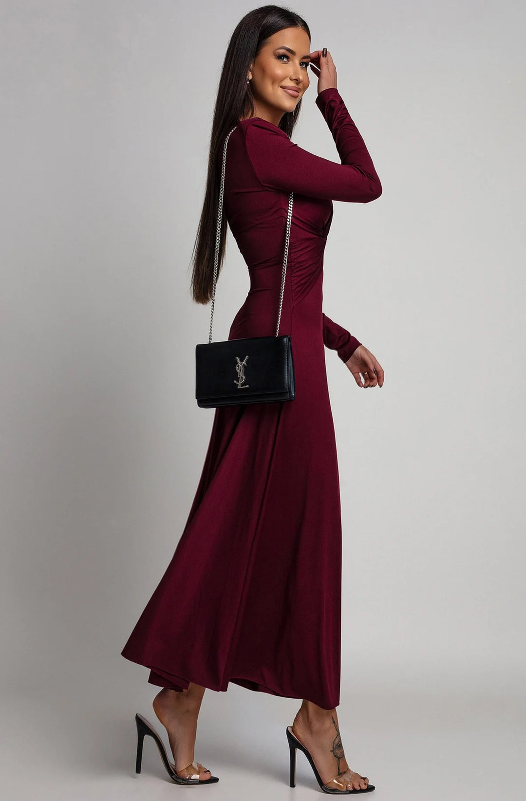 Elaris Twist Front Long Sleeve Maxi Dress-Wine