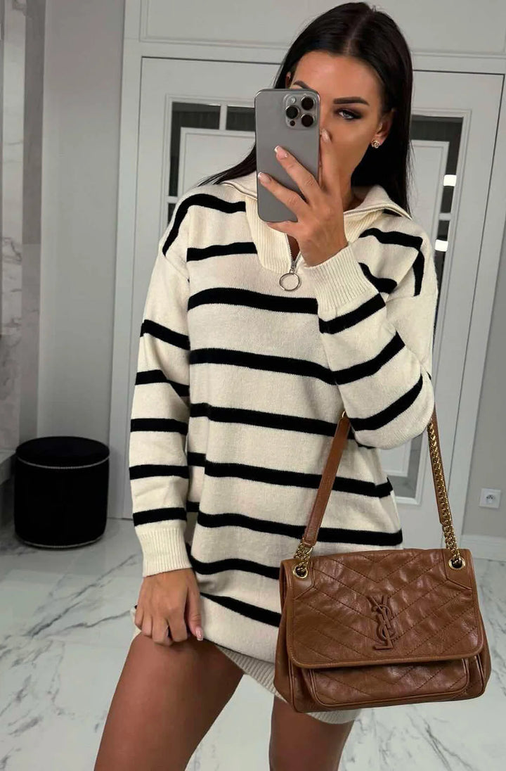 ELENA ZIP COLLAR STRIPED SWEATER DRESS-CREAM