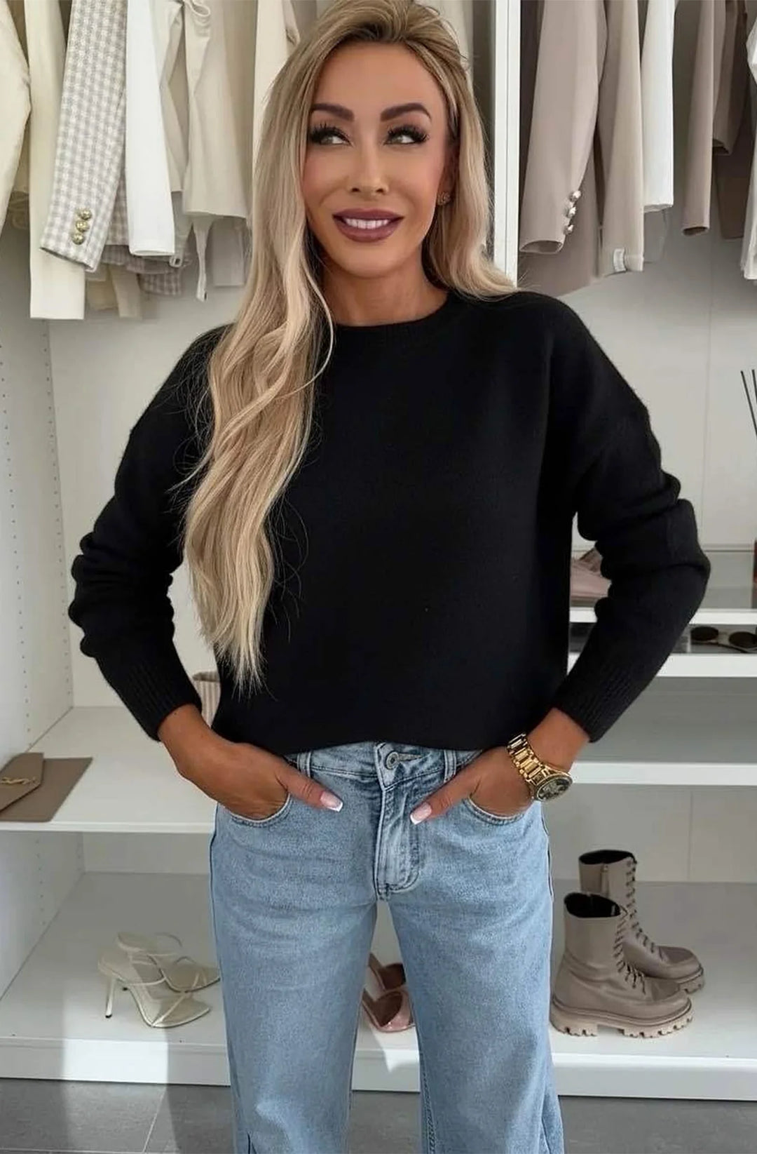 Elisha Alpaca Lightweight Knitted Jumper Sweater-Black