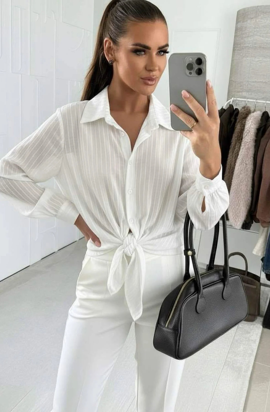 Elie Tie Front Stripe Shirt Top-Ivory