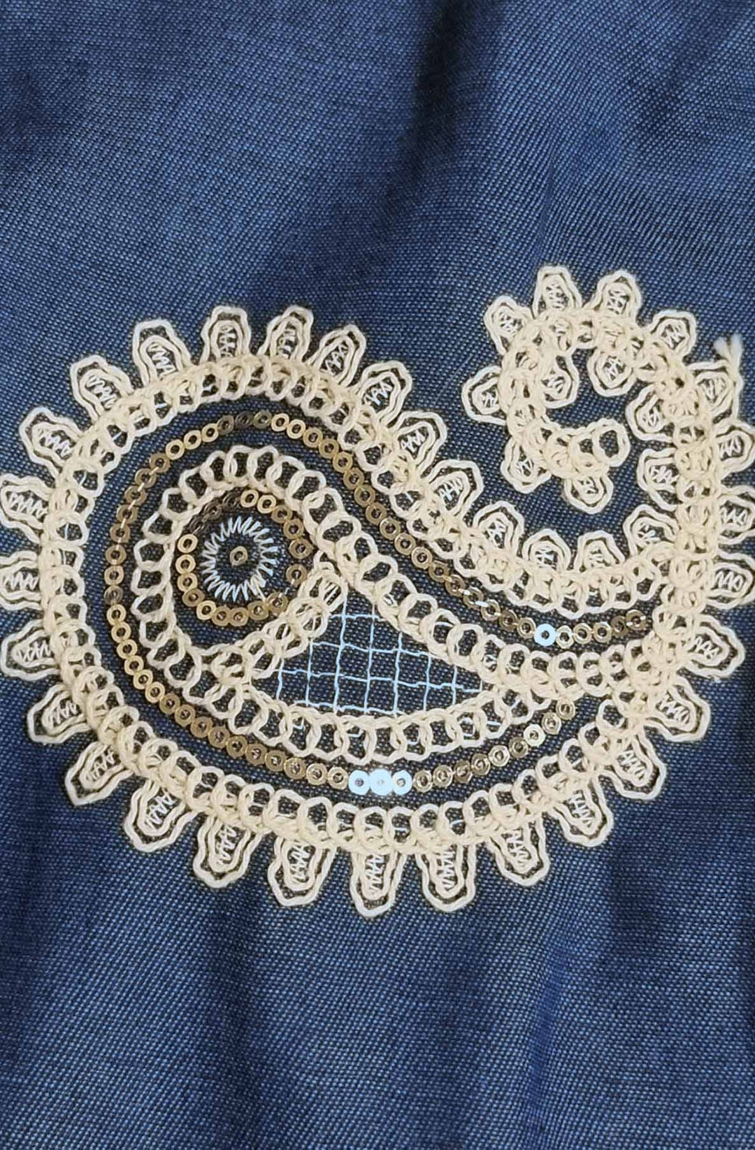 Elodie Embroidered Sequin Paisley Button Up Shirt Top-Blue