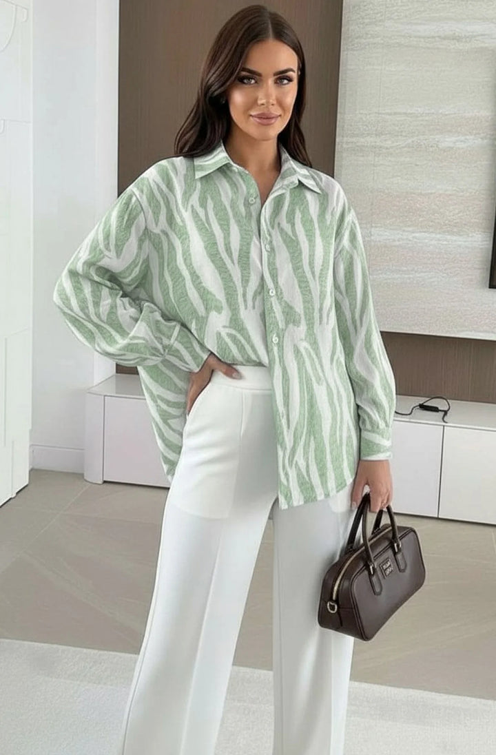 Elona Oversized Abstract Zebra Print Long Sleeve Shirt Top-Khaki