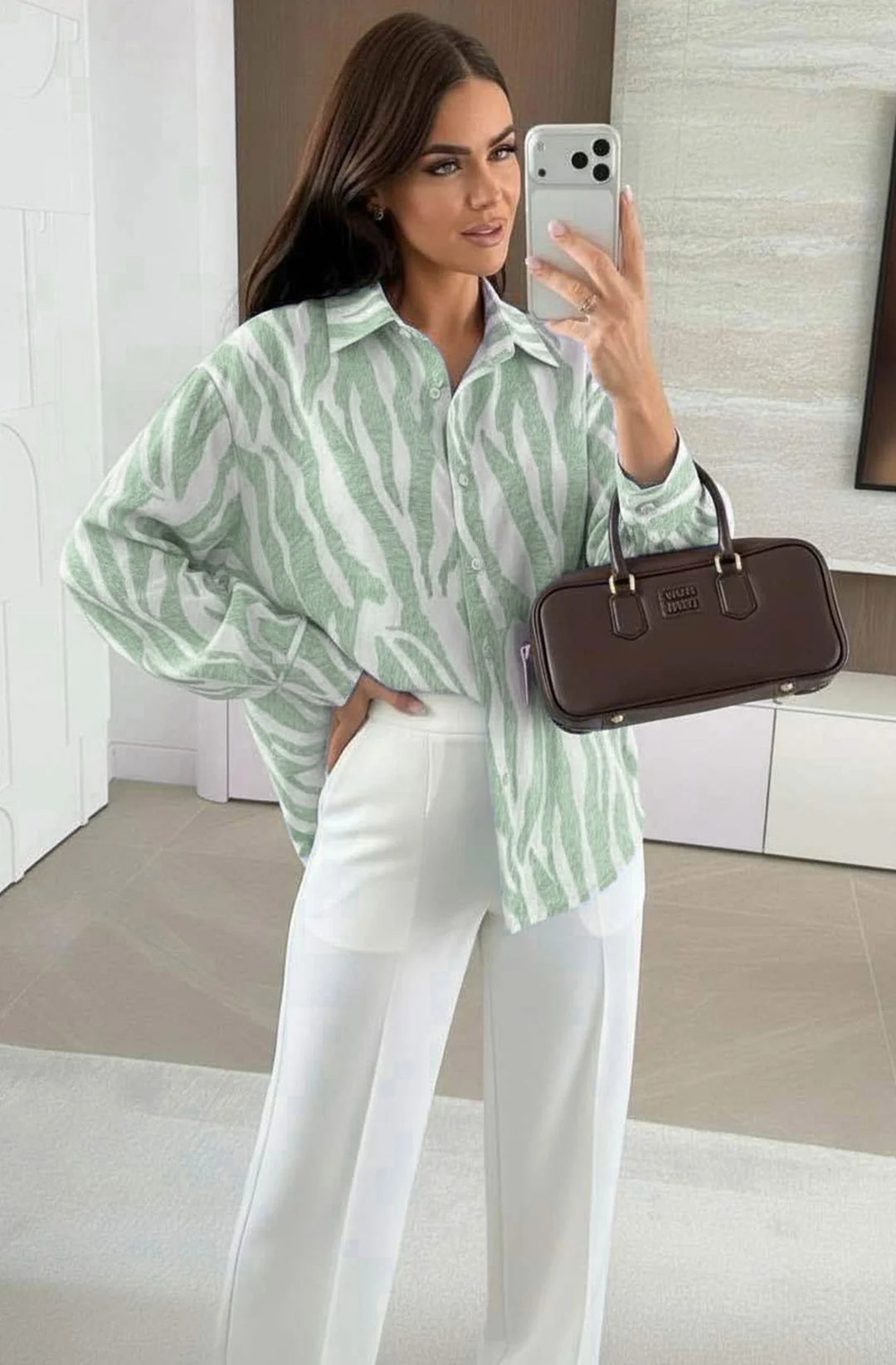 Elona Oversized Abstract Zebra Print Long Sleeve Shirt Top-Khaki
