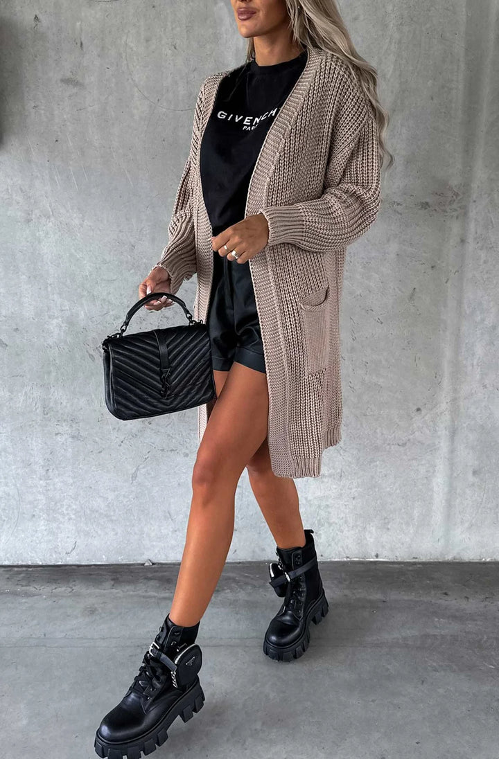 EMILY LONGLINE POCKET KNITTED CARDIGAN-STONE