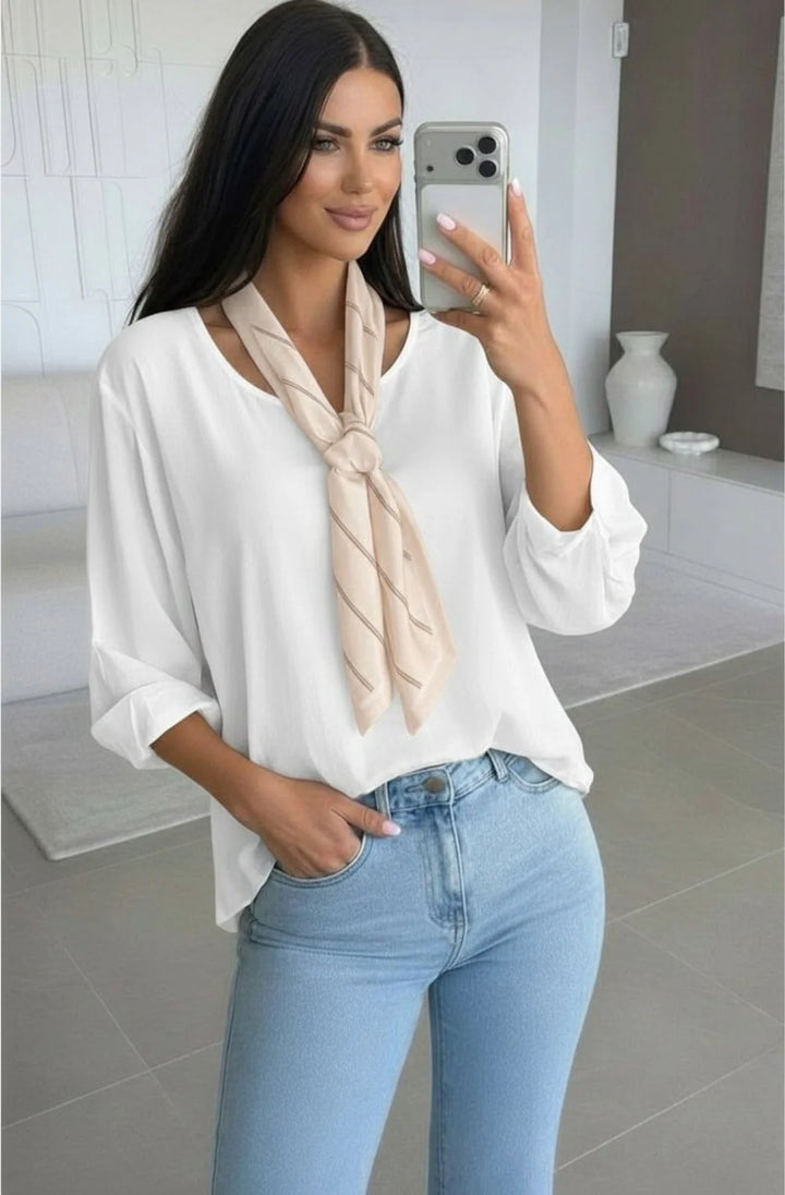 Ezra High Low Crew Neck Scarf Blouse Top-Ivory