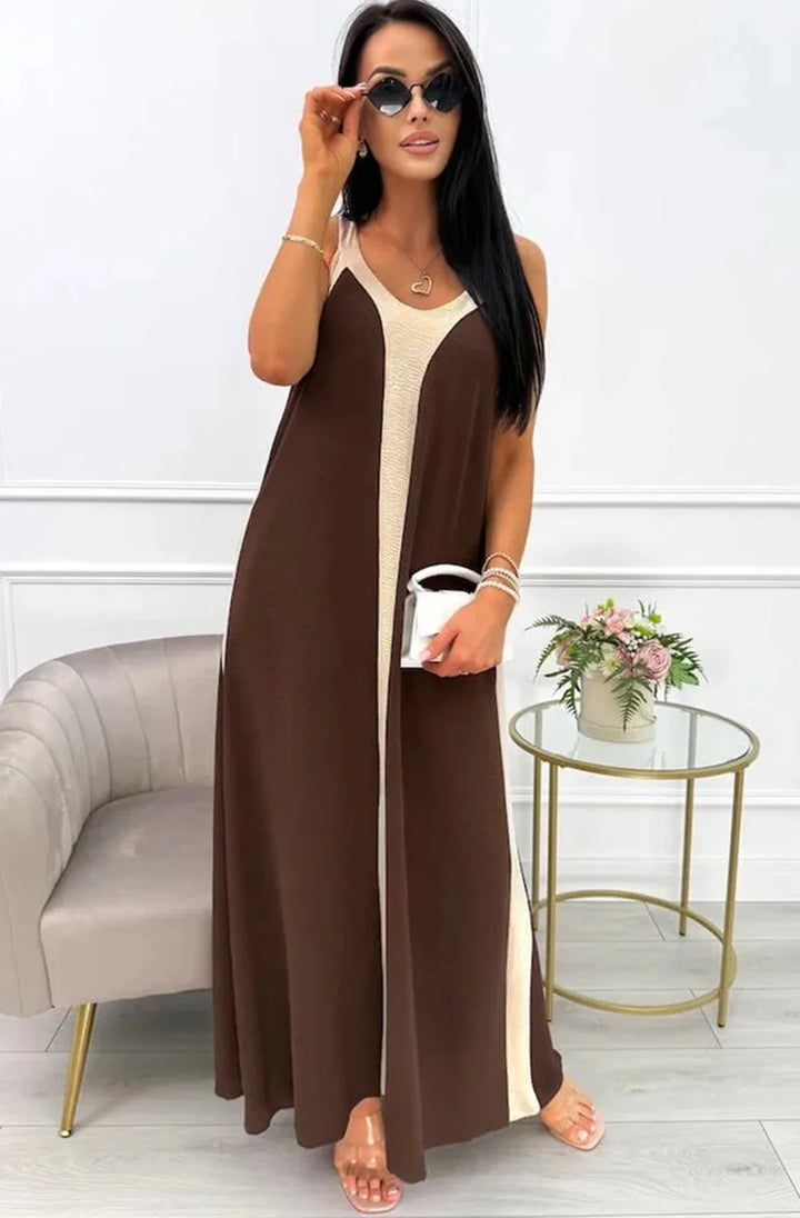 FERN SLEEVELESS CONTRAST MAXI DRESS-BROWN