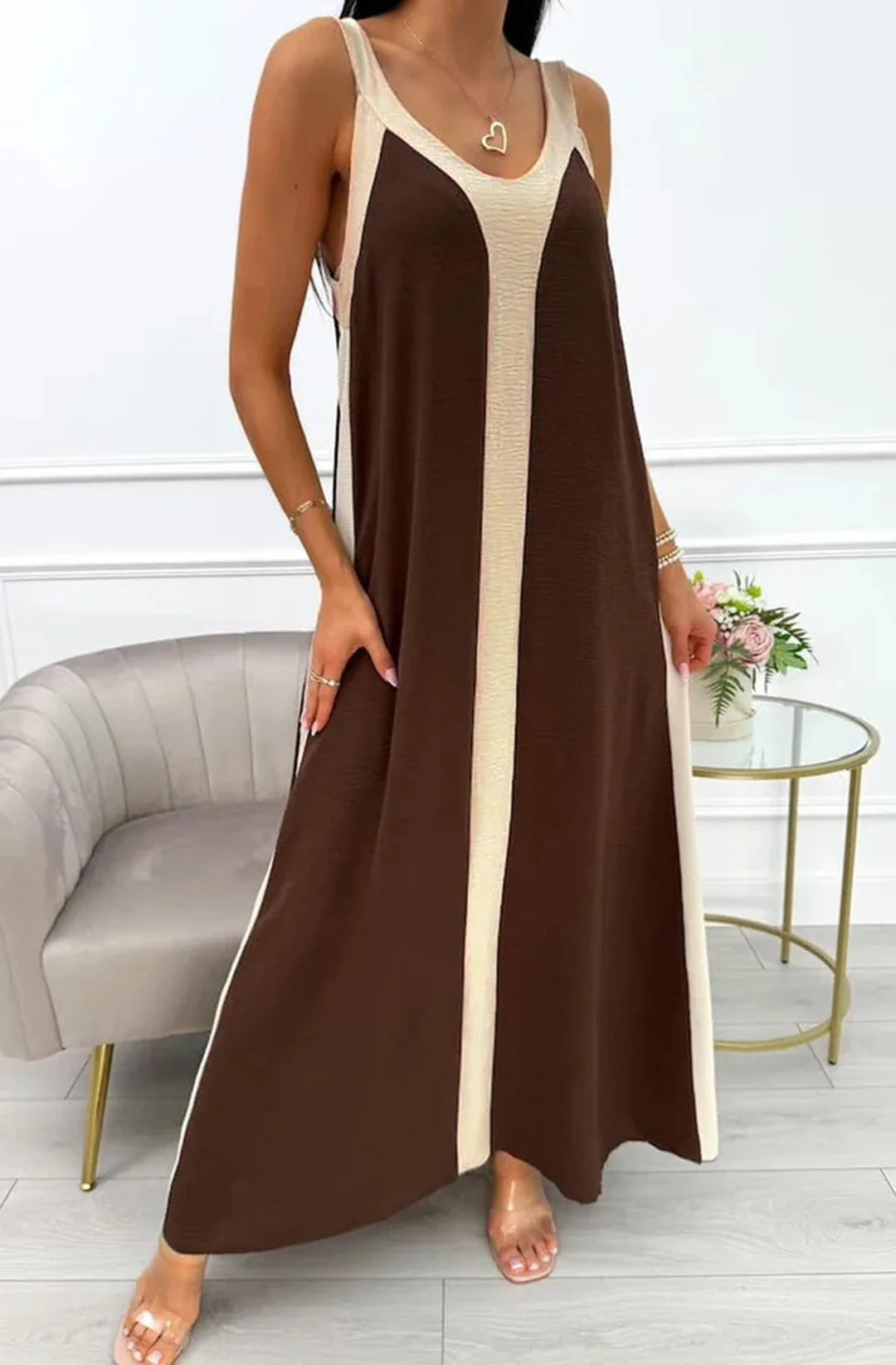 FERN SLEEVELESS CONTRAST MAXI DRESS-BROWN