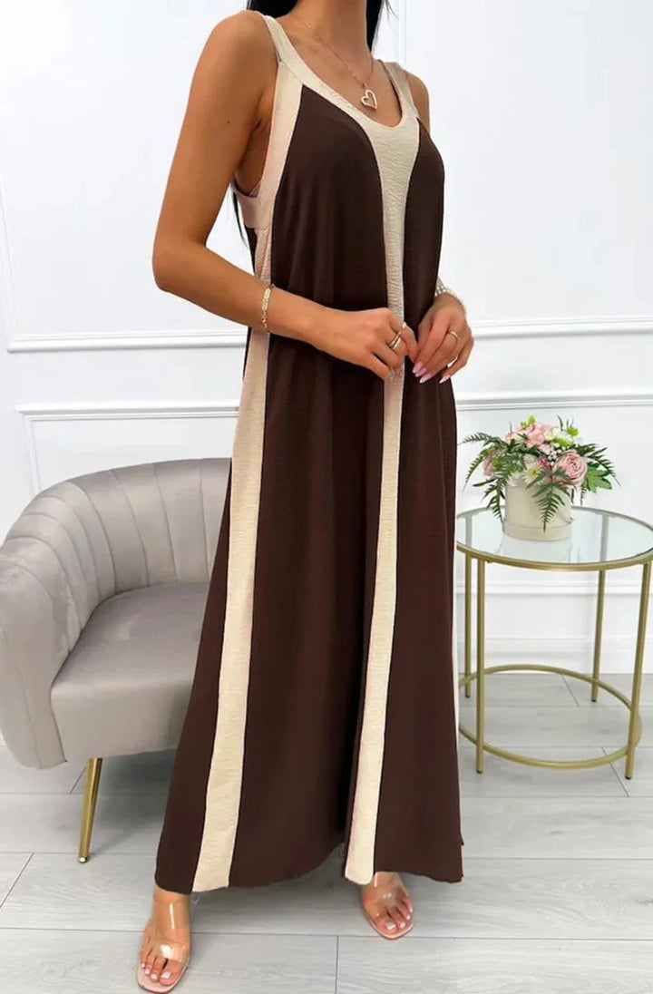 FERN SLEEVELESS CONTRAST MAXI DRESS-BROWN