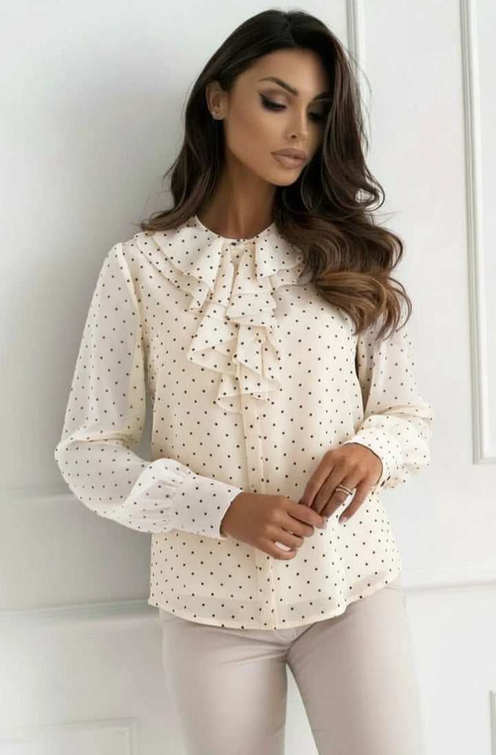 Florin Polka Dot Ruffle Collar Sheer Blouse Top-Cream