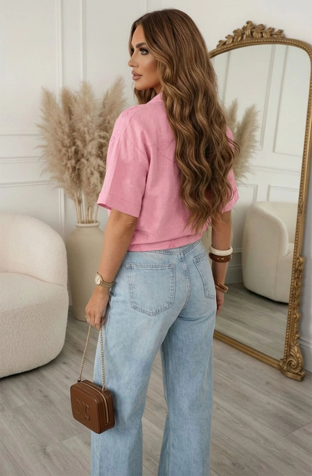Giselle Embroidered Floral Lightweight Tie Front Shirt Blouse-Pink