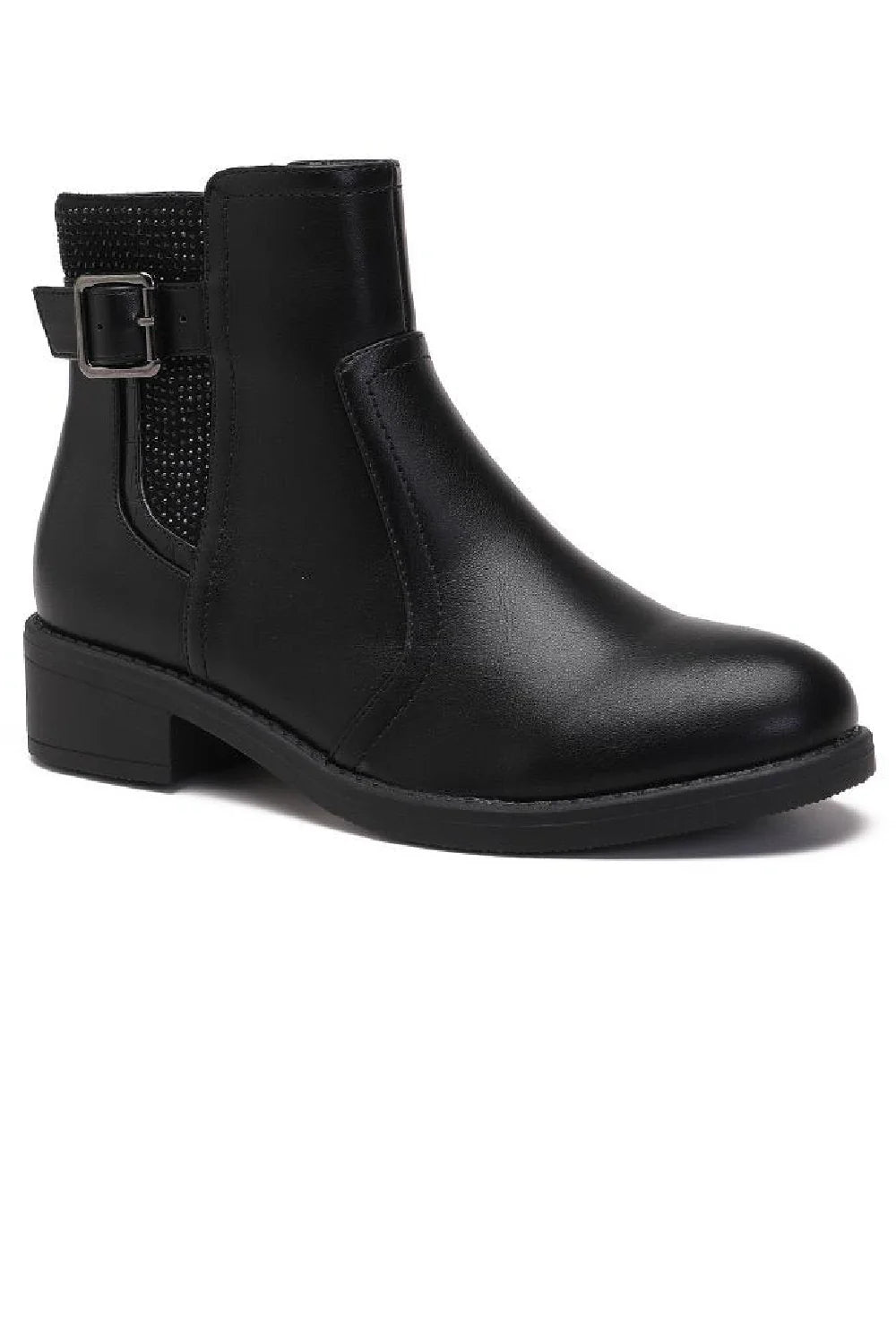 BLACK FLAT BUCKLE DIAMANTE DETAIL ELASTICATED CHELSEA ANKLE BOOTS (UK3 to UK6 Sizes)