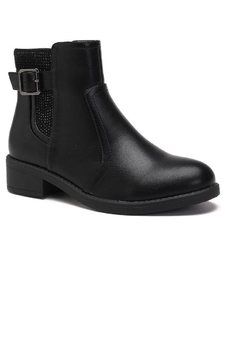 BLACK FLAT BUCKLE DIAMANTE DETAIL ELASTICATED CHELSEA ANKLE BOOTS (UK3 to UK6 Sizes)