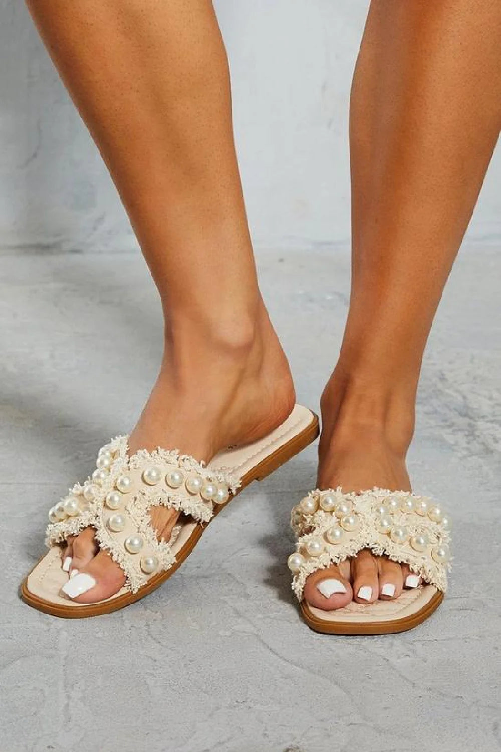 CREAM PEARL DETAIL FLAT SLIP ON SLIDERS SANDAL