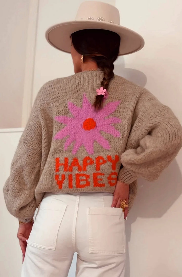 HAPPY VIBES KNITTED CARDIGAN-STONE