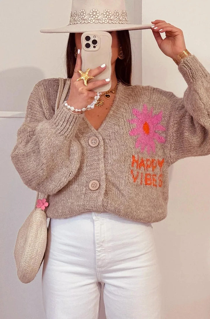 HAPPY VIBES KNITTED CARDIGAN-STONE