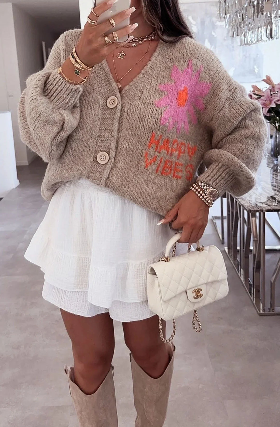 HAPPY VIBES KNITTED CARDIGAN-STONE