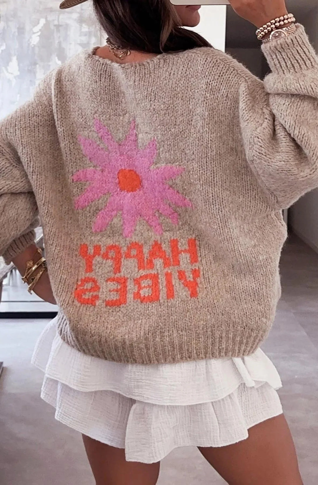 HAPPY VIBES KNITTED CARDIGAN-STONE