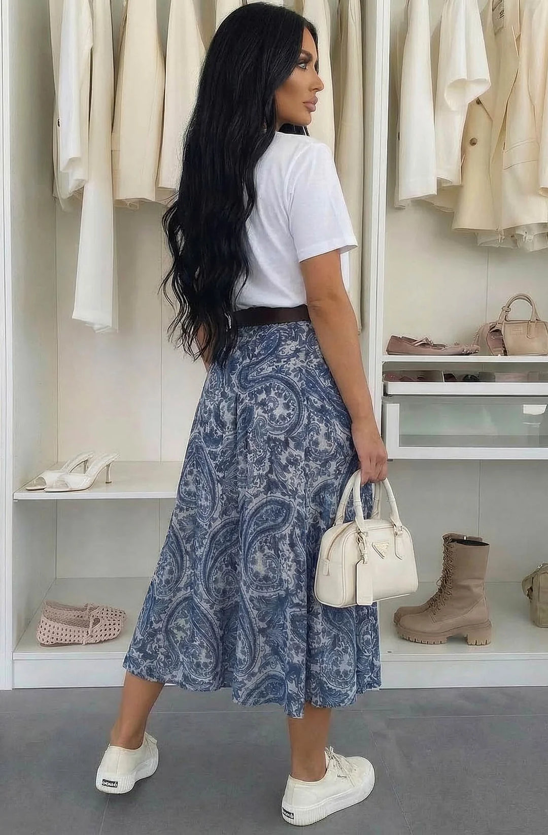 Harlene Paisley Elasticated Waist Midi Skirt-Blue