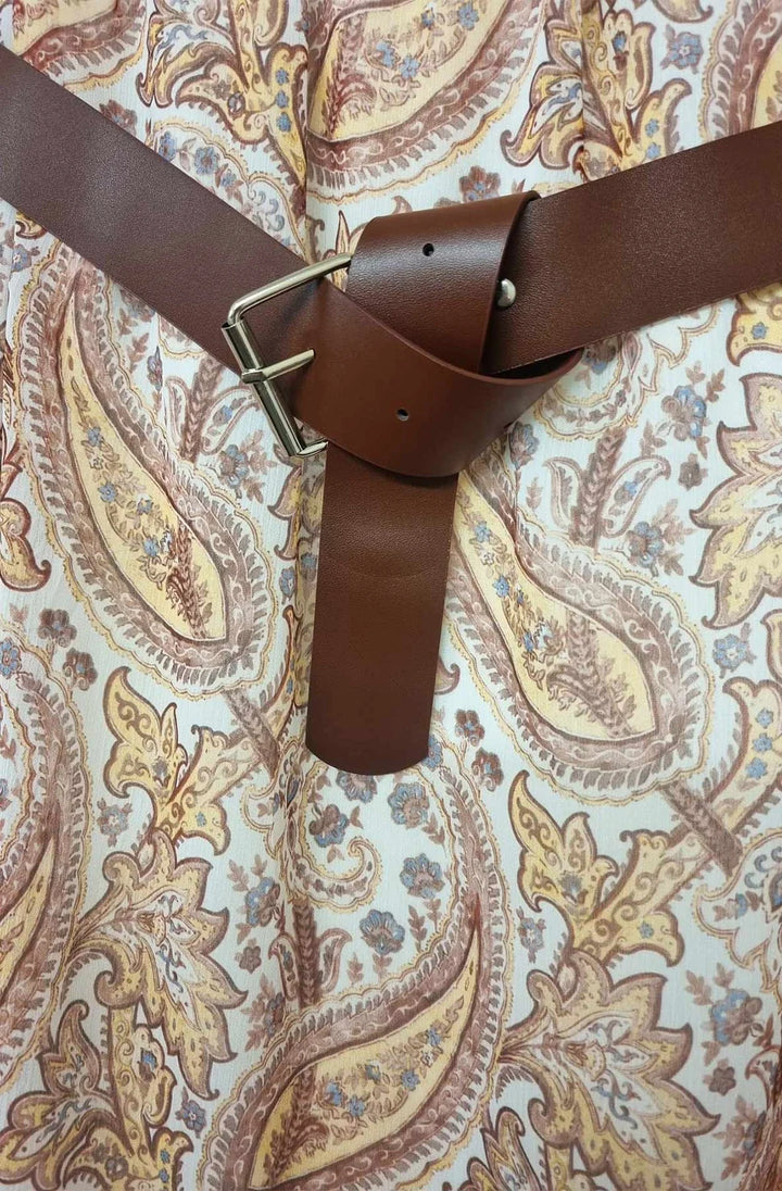 Harlene Paisley Elasticated Waist Midi Skirt-Brown