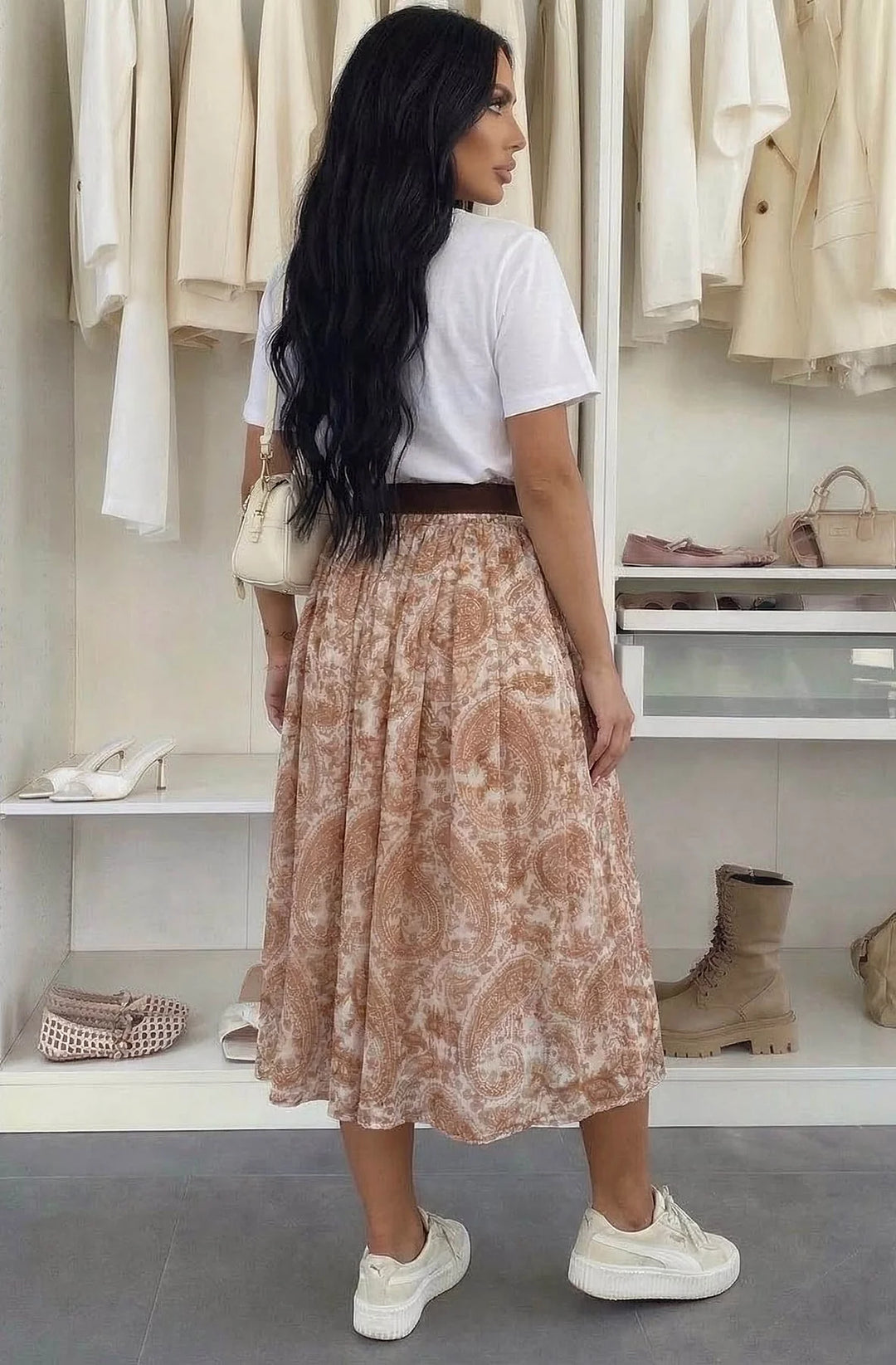 Harlene Paisley Elasticated Waist Midi Skirt-Brown