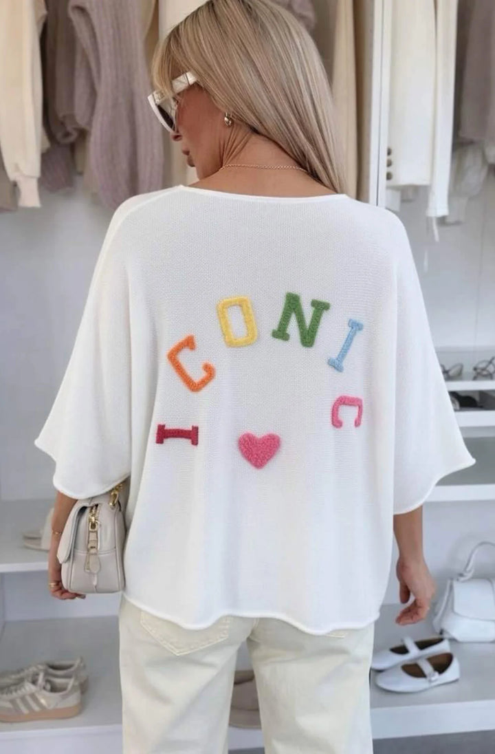 ‘Iconic 💖' Appliqué V-Neck Lightweight Open-Knit Jumper Top-Ivory