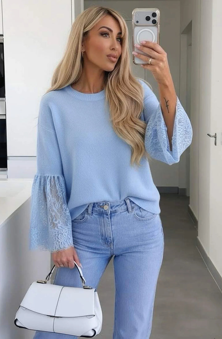Jane Alpaca Blend Lace Cuff Round-Neck Light Knitted Jumper Sweater-Blue