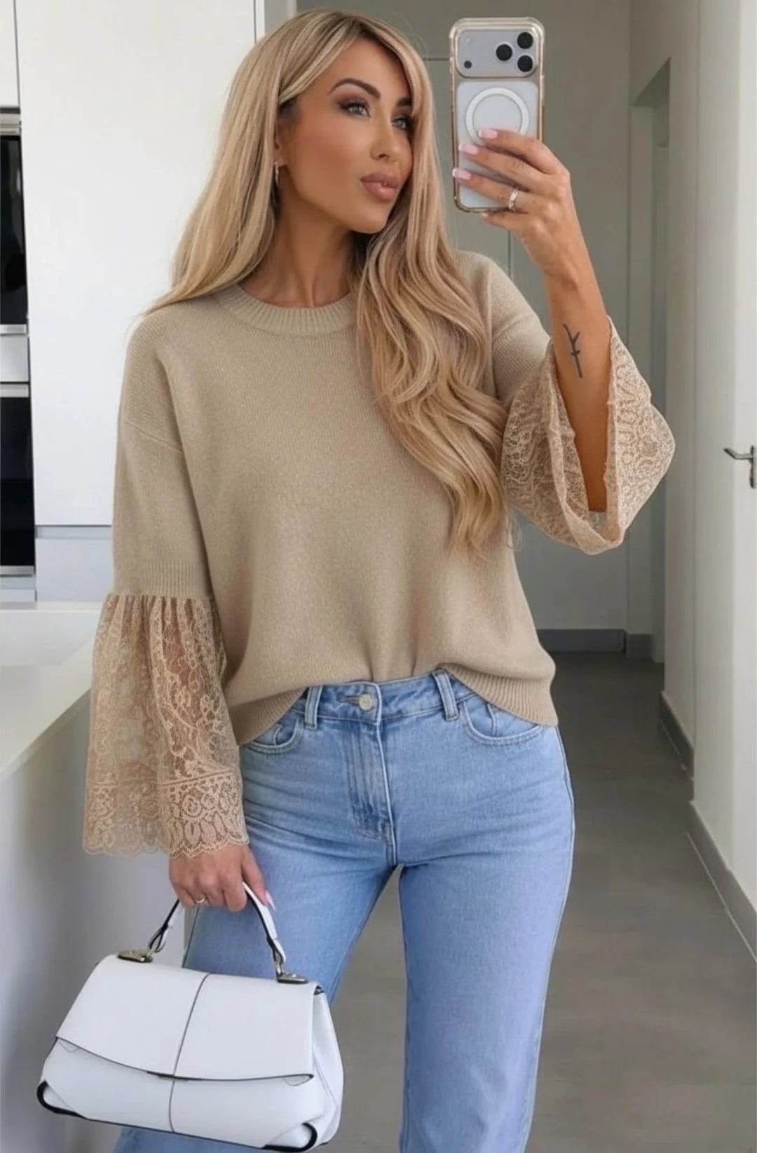 Jane Alpaca Blend Lace Cuff Round-Neck Light Knitted Jumper Sweater-Stone