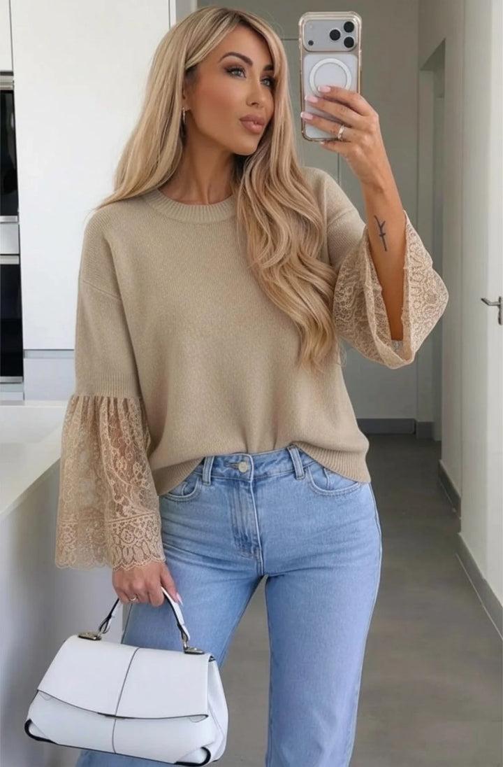Jane Alpaca Blend Lace Cuff Round-Neck Light Knitted Jumper Sweater-Stone