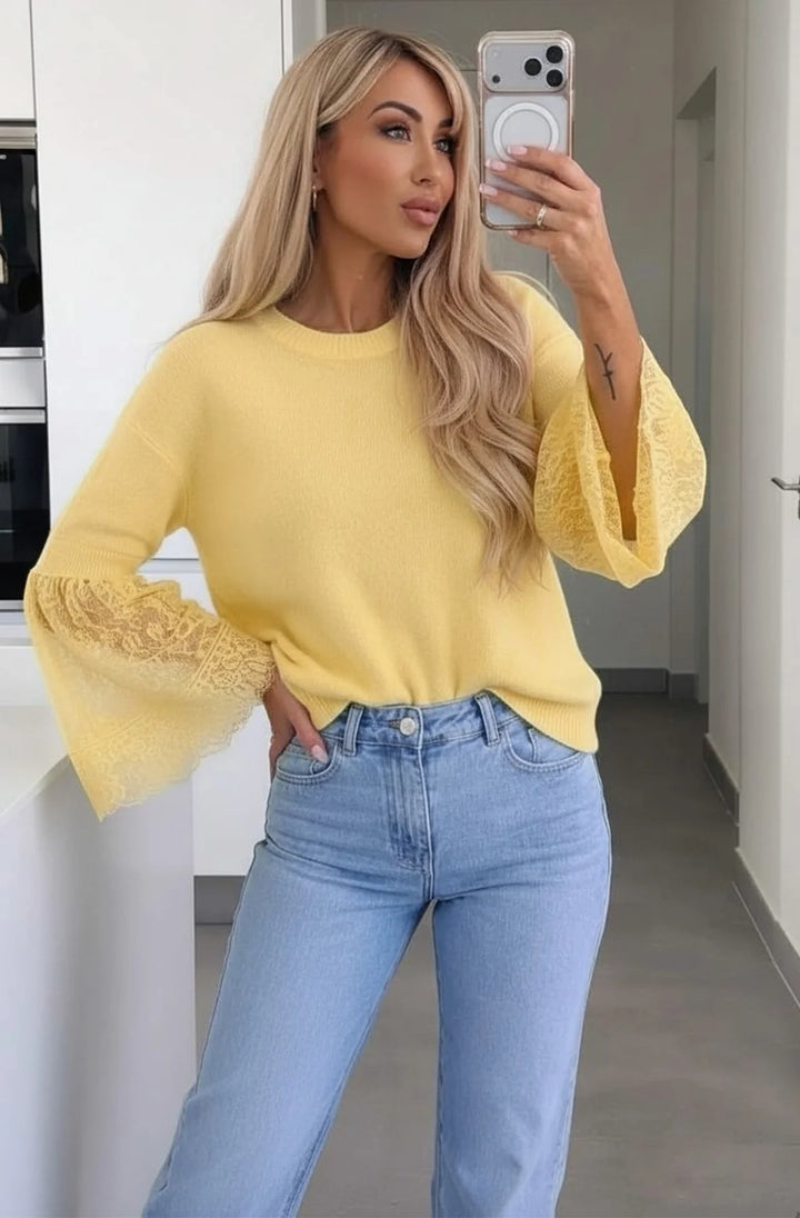 Jane Alpaca Blend Lace Cuff Round-Neck Light Knitted Jumper Sweater-Yellow