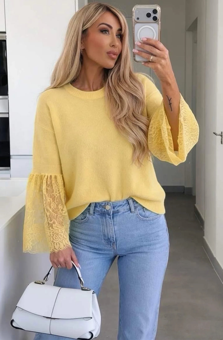 Jane Alpaca Blend Lace Cuff Round-Neck Light Knitted Jumper Sweater-Yellow