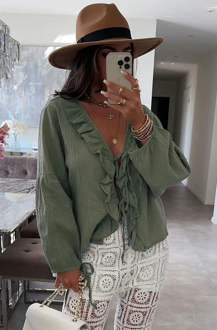 KARRIE FRILL FRONT TIE-UP BLOUSE SHIRT TOP-KHAKI