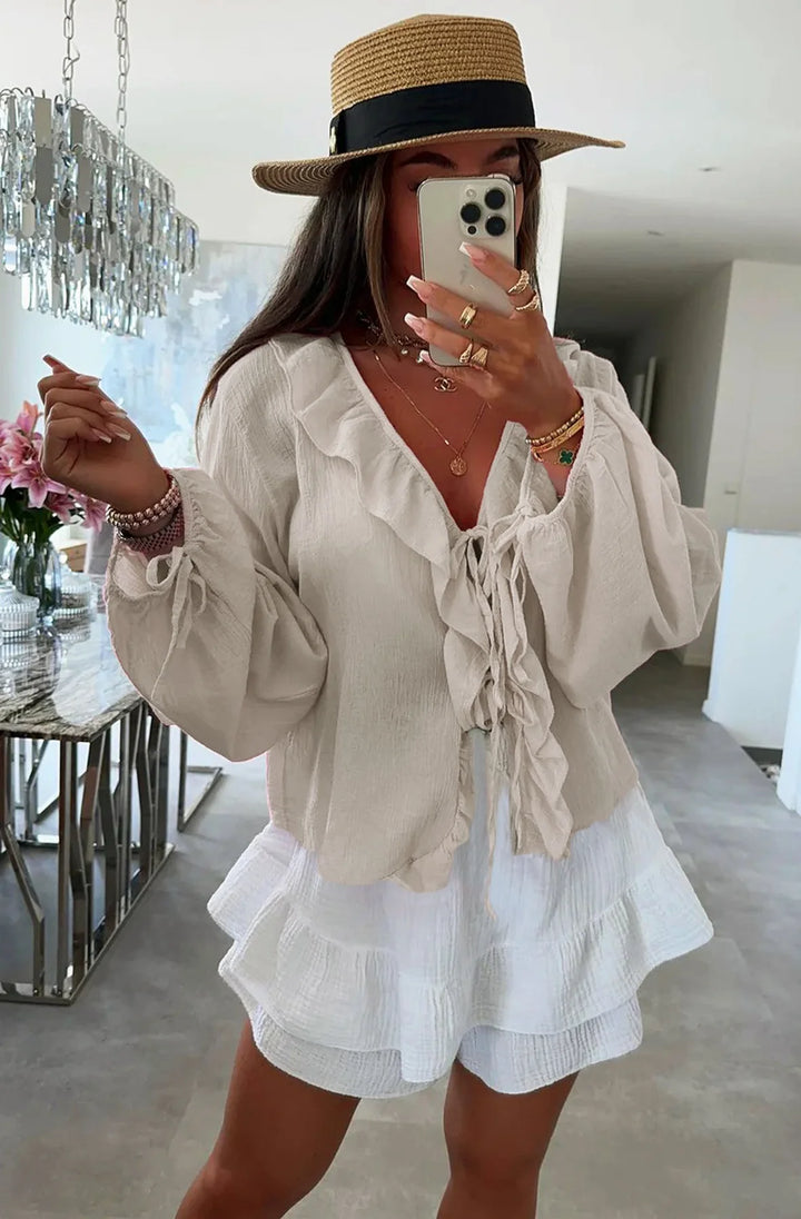 KARRIE FRILL FRONT TIE-UP BLOUSE SHIRT TOP-STONE