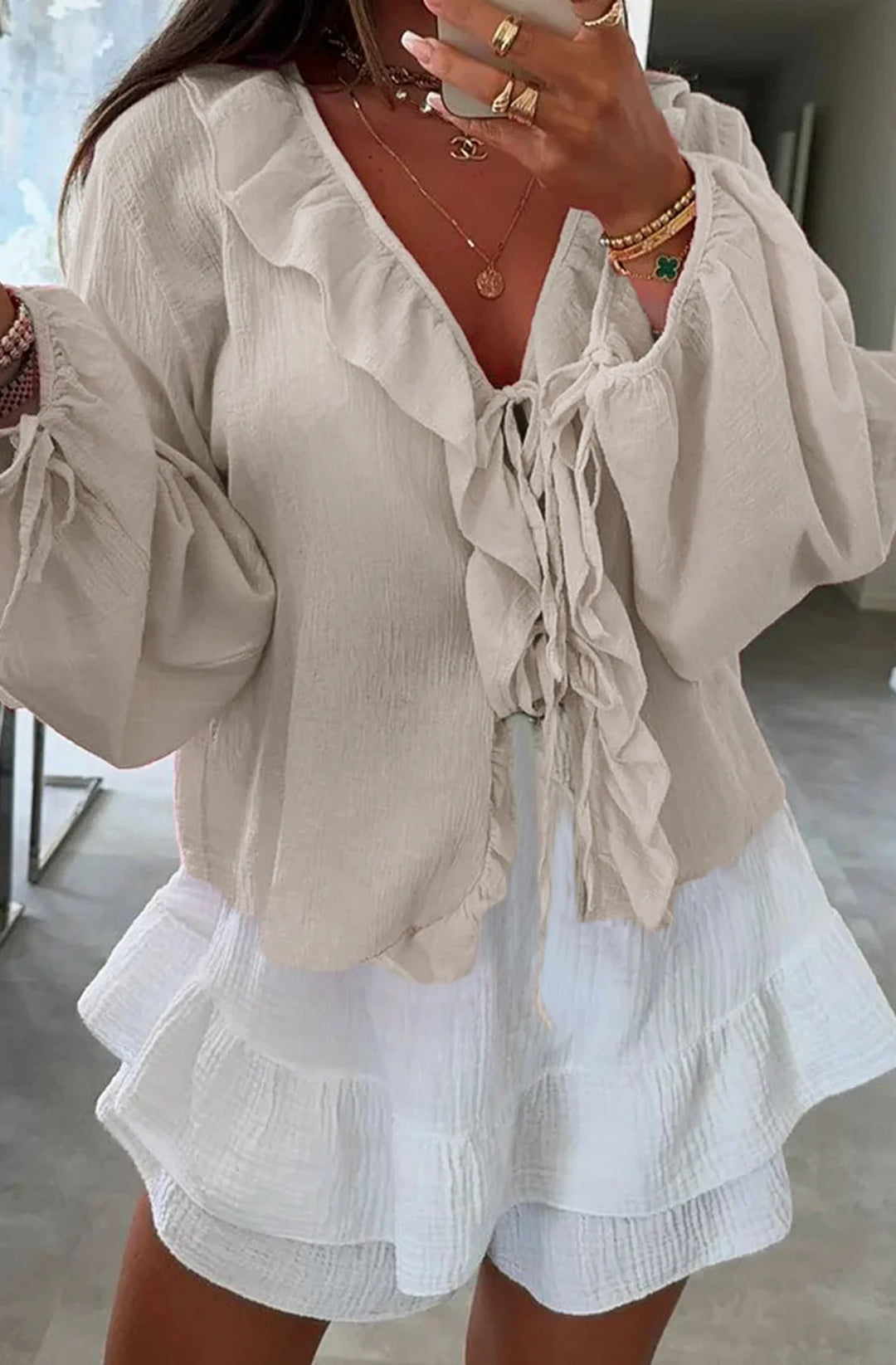 KARRIE FRILL FRONT TIE-UP BLOUSE SHIRT TOP-STONE