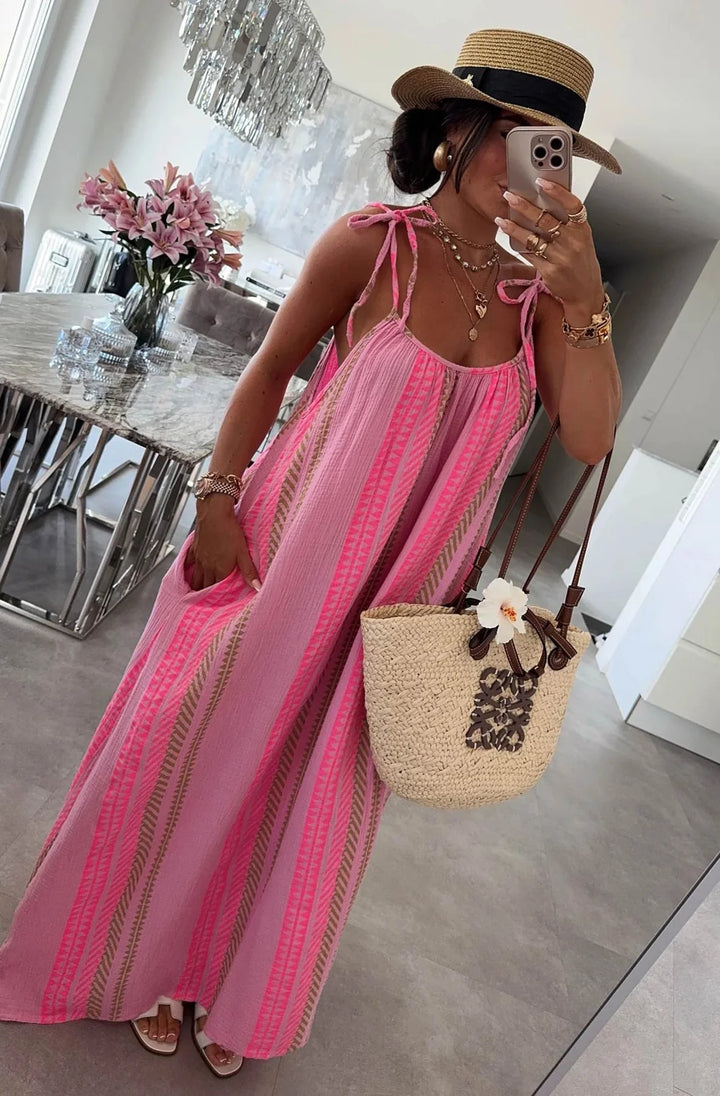 KIMBERLY COTTON GAUZE STYLE TIE-UP AZTEC PRINT MAXI DRESS-PINK