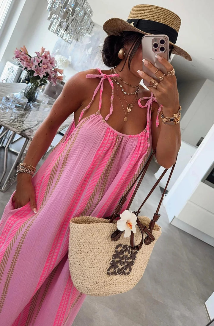 KIMBERLY COTTON GAUZE STYLE TIE-UP AZTEC PRINT MAXI DRESS-PINK