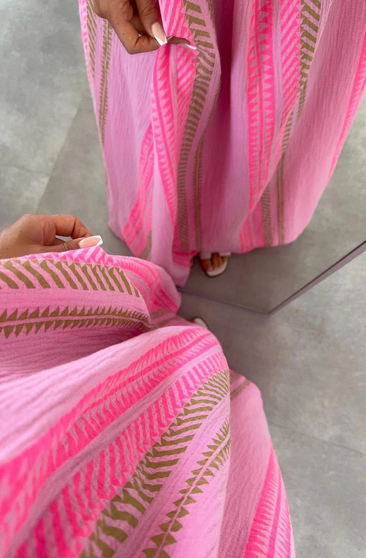 KIMBERLY COTTON GAUZE STYLE TIE-UP AZTEC PRINT MAXI DRESS-PINK