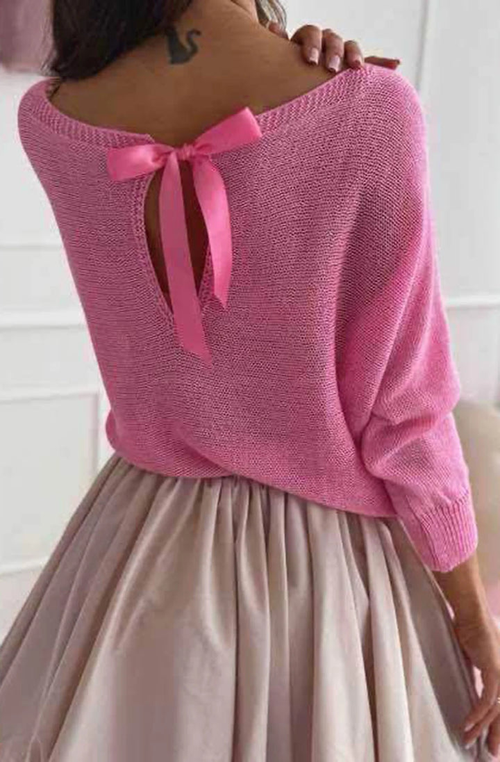 Kori Open Back Bow Light Knitted Sweater Jumper-Pink