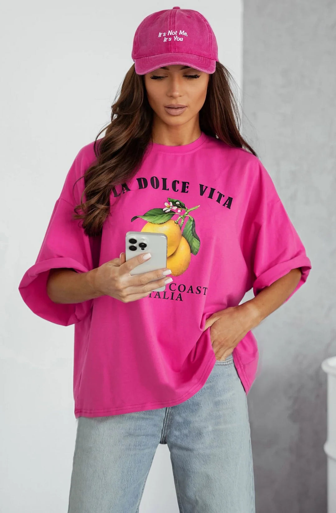 'LA DOLCE VITA-AMALFI COAST ITALIA' GRAPHIC LEMON T-SHIRT TOP-HOT PINK