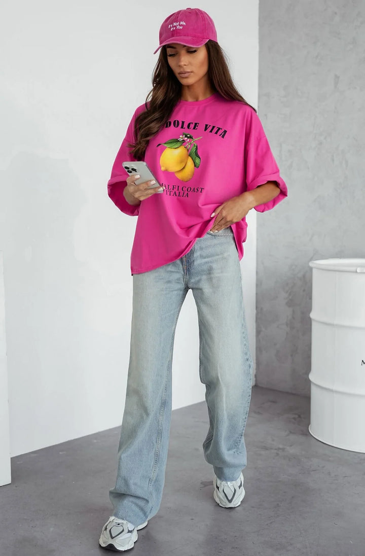 'LA DOLCE VITA-AMALFI COAST ITALIA' GRAPHIC LEMON T-SHIRT TOP-HOT PINK