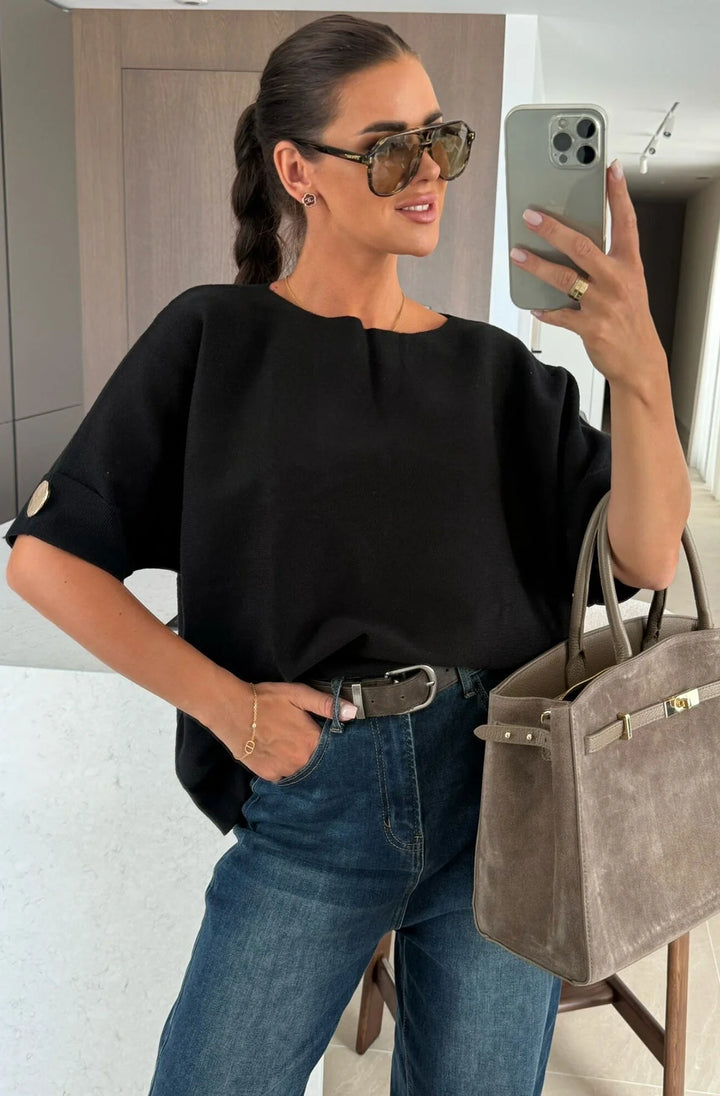 LEILA LIGHT KNITTED GOLD BUTTON BLOUSE TOP-BLACK