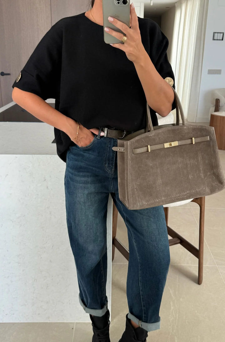 LEILA LIGHT KNITTED GOLD BUTTON BLOUSE TOP-BLACK