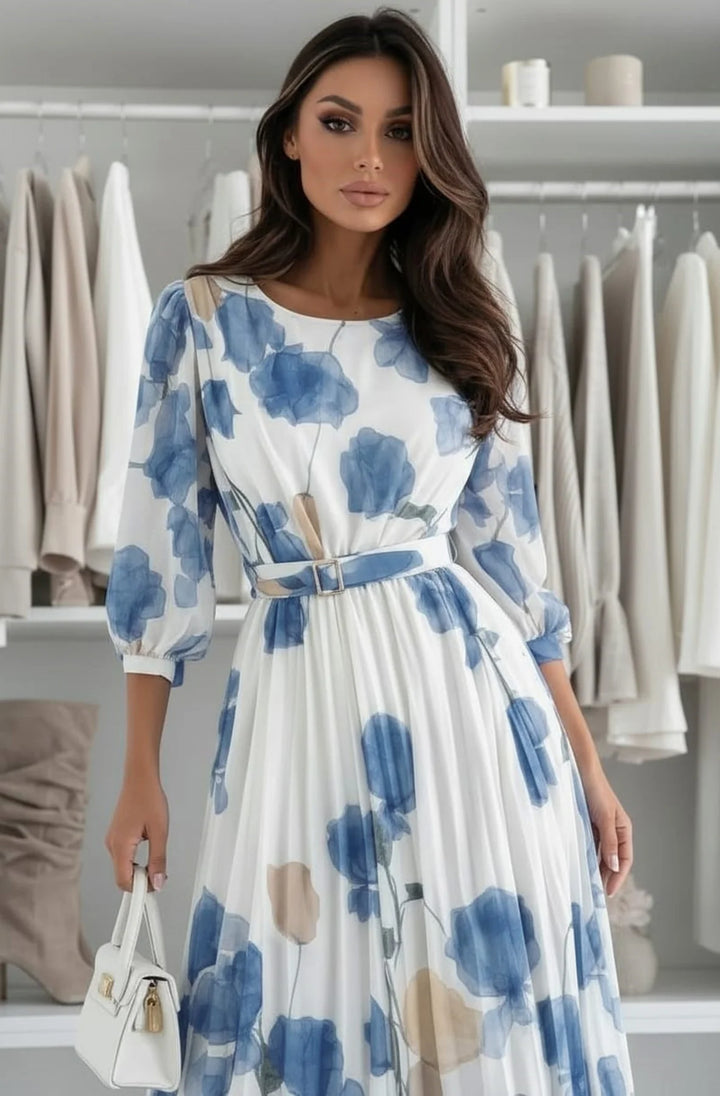 Lilian Floral Pleated Belted Chiffon Maxi Dress-Blue