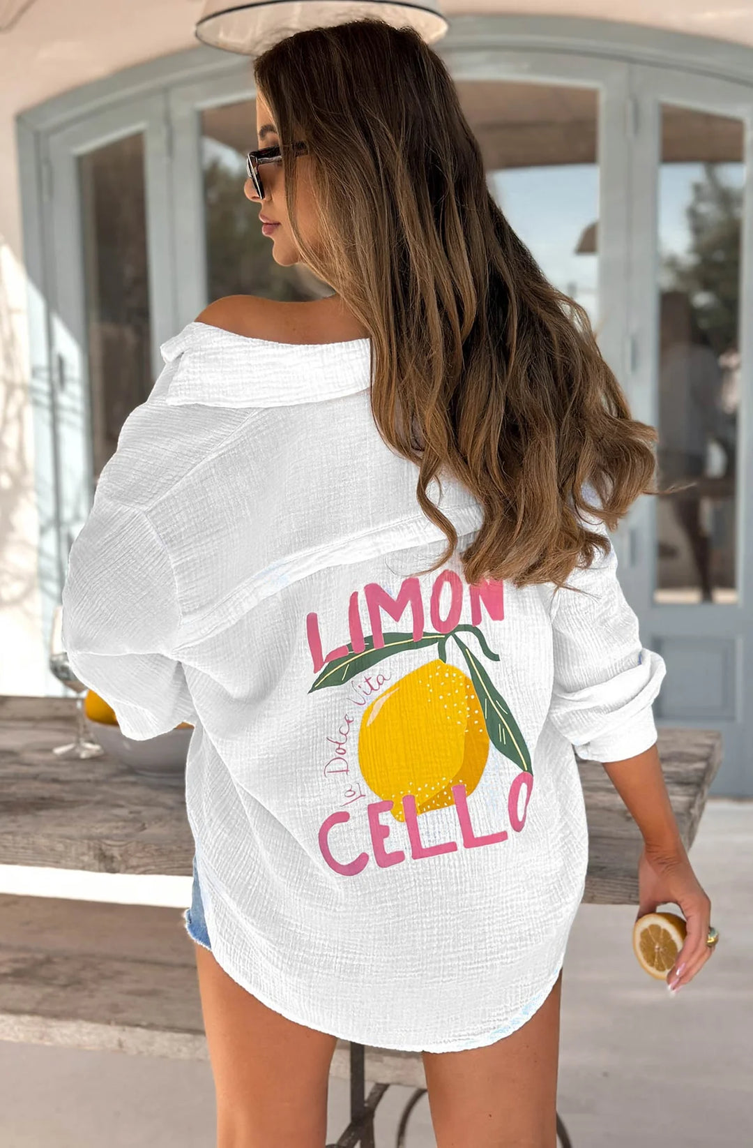 'LIMON CELLO' LA DOLCE VITA GRAPHIC PRINTED SHIRT TOP-IVORY