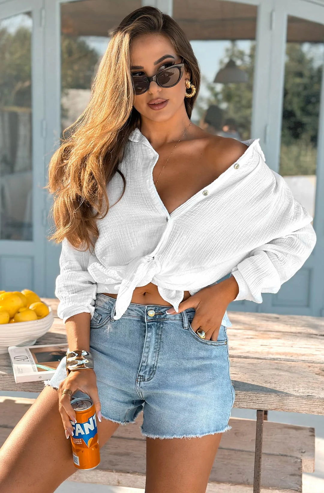 'LIMON CELLO' LA DOLCE VITA GRAPHIC PRINTED SHIRT TOP-IVORY